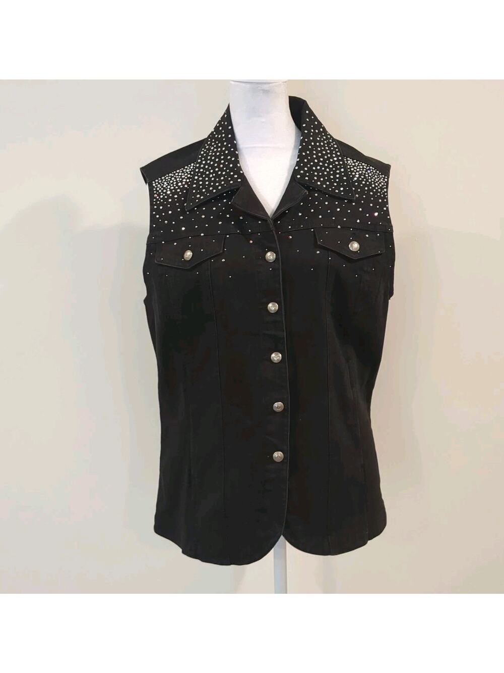 Christine Alexander Black Denim Bling Vest Crystal Rhinestones Studs Large